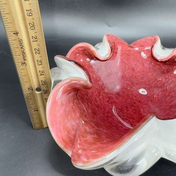 Venetian Murano Glass Folded Edges Ashtray Dish Bowl White Magenta Center Italy - Picture 5 of 16